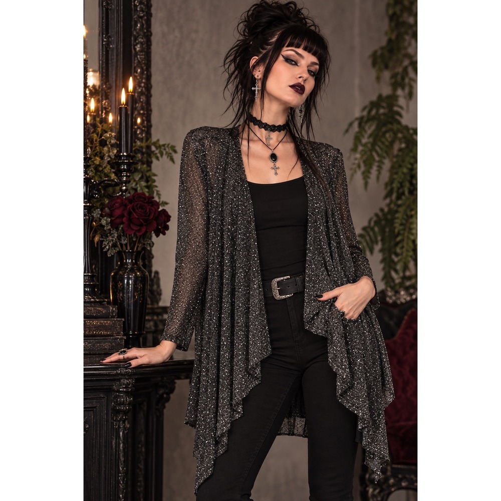 Vocal XL Black Silver Metallic Open Front Cardigan Duster